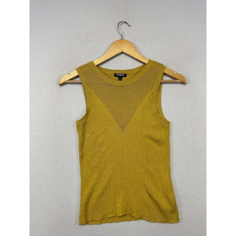 Express Ribbed Knit Tank Top Womens Small Mustard Yellow Pointelle Mesh Top